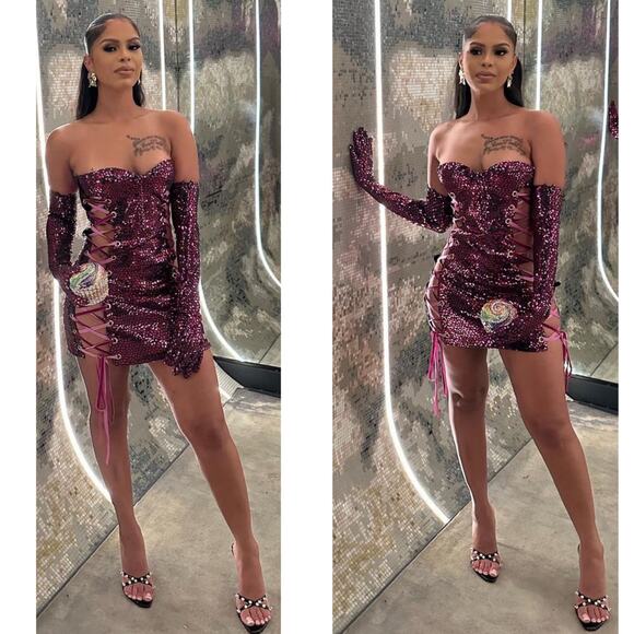 Bronx and Banco Juliette Lace Up Mini Dress & Gloves in Pink & Purple Size L - Picture 4 of 16